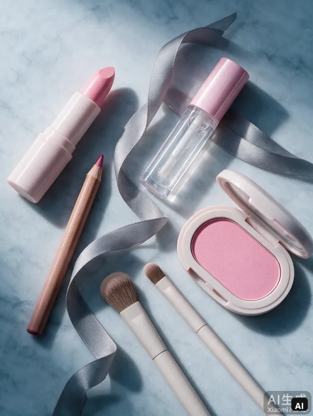 AI editorial flat lay of unbranded cool-pink lip and cheek makeup on marble
