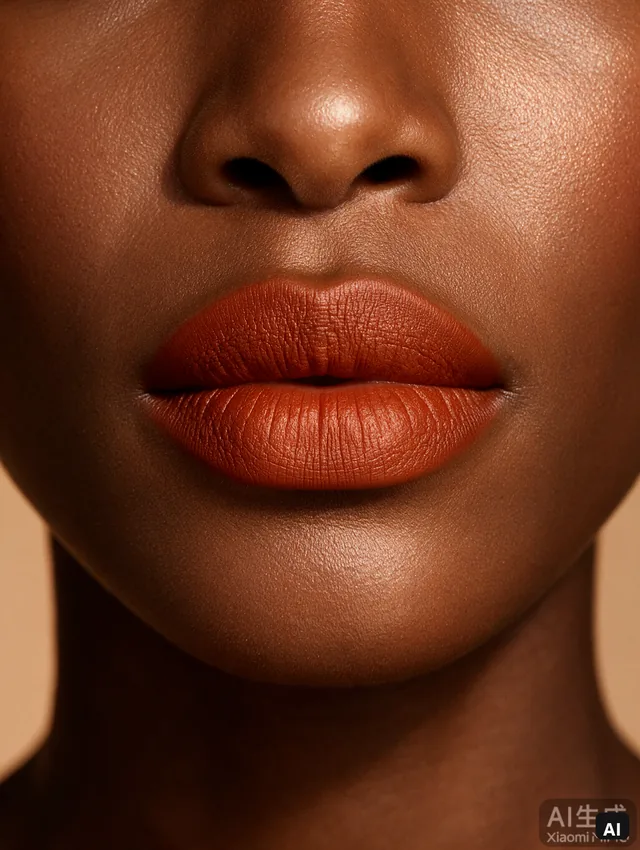 AI editorial lip close-up on deep brown skin with warm terracotta lip color