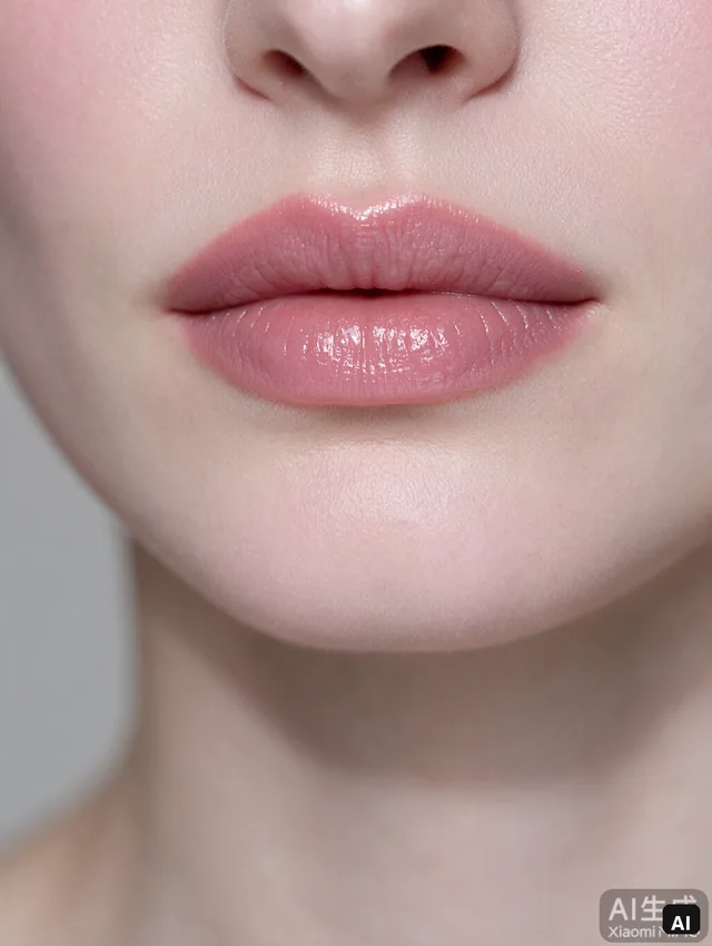 AI editorial lip close-up on fair cool skin with dusty rose liner and cool pink gloss