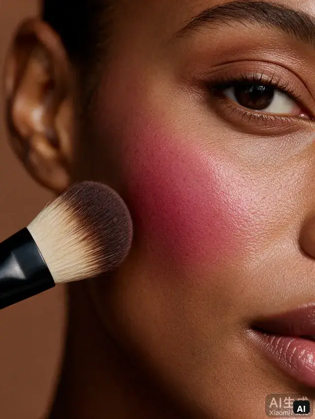 AI editorial cheek close-up on deep brown skin with berry rose blush
