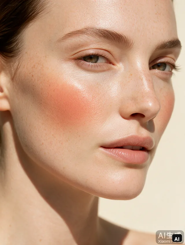 AI editorial three-quarter portrait on light warm freckled skin with apricot cream blush