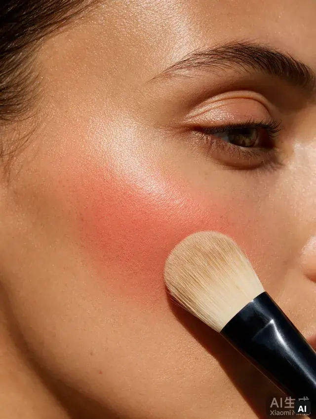 AI editorial cheek close-up on medium warm golden-tan skin with peach coral blush