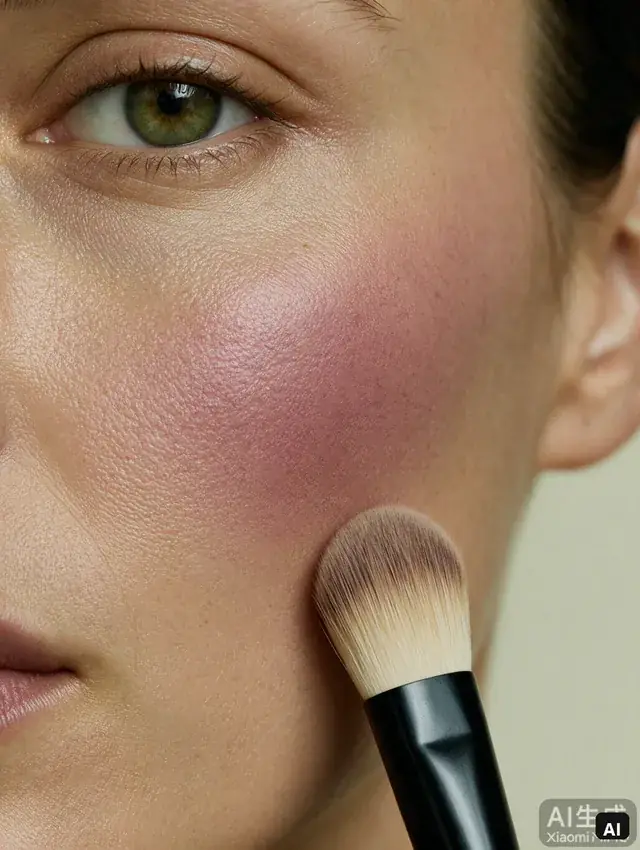 AI editorial cheek close-up on olive neutral medium skin with nude mauve blush