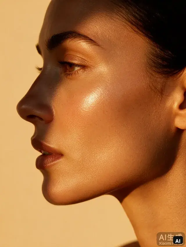 AI editorial side profile on tan warm golden skin with luminous cheek highlight