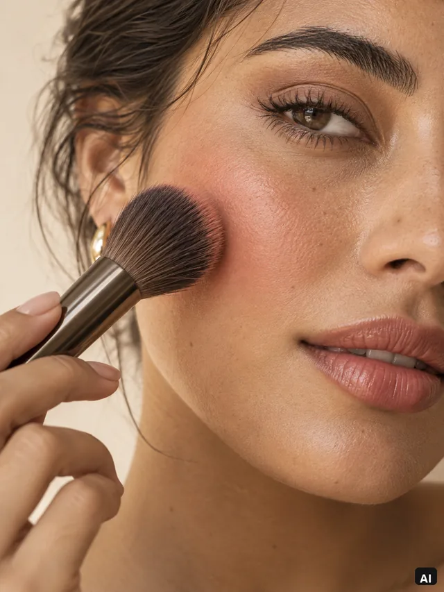 AI editorial portrait with peach rose cheek makeup