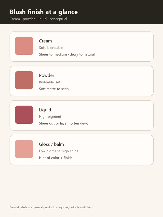 Blush finish comparison diagram for cream, powder, liquid and gloss formats