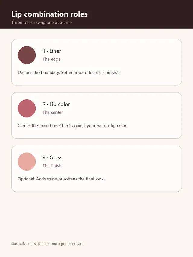 Lip combination roles diagram for liner, lip color and gloss
