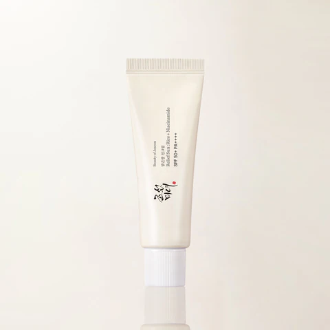 Beauty of Joseon Relief Sun Rice + Probiotics SPF 50 — Rice + Niacinamide label; the brand describes this as a rename of Rice + Probiotics.