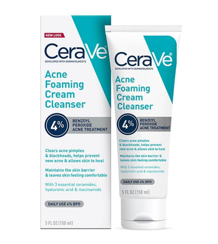 CeraVe Acne Foaming Cream Cleanser — Acne Foaming Cream Cleanser 4% packaging; 150 mL shown.