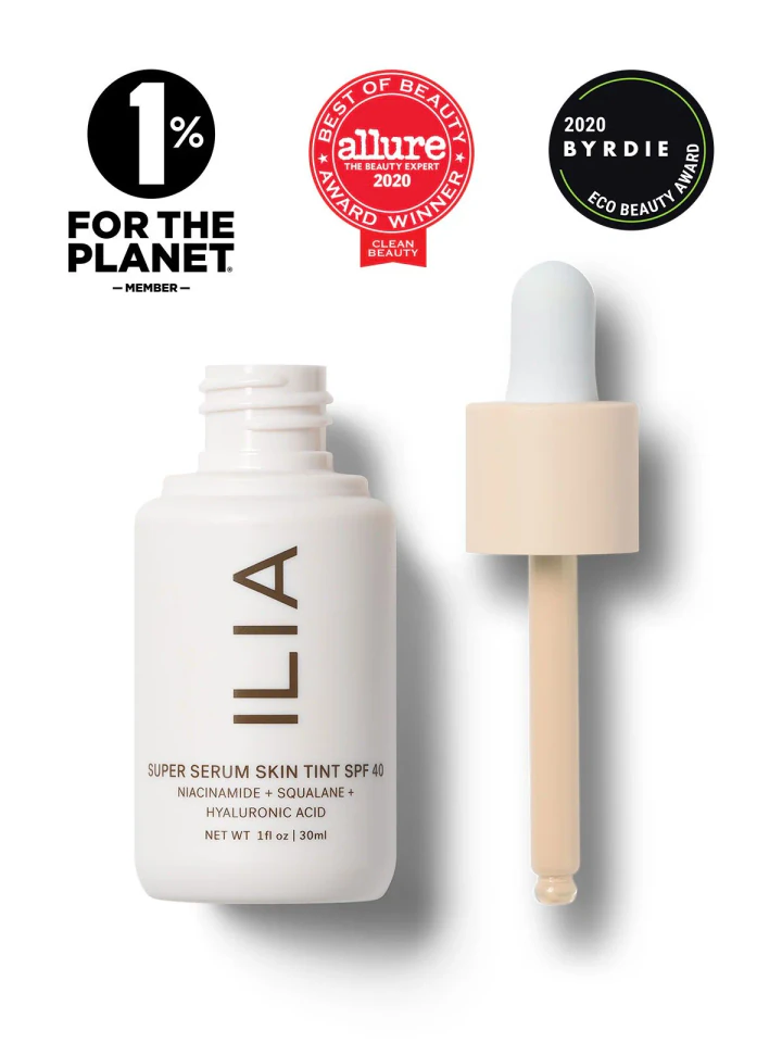 ILIA Super Serum Skin Tint SPF 40 — Earlier SPF40 packaging with historical 2020 badges; shade may differ.