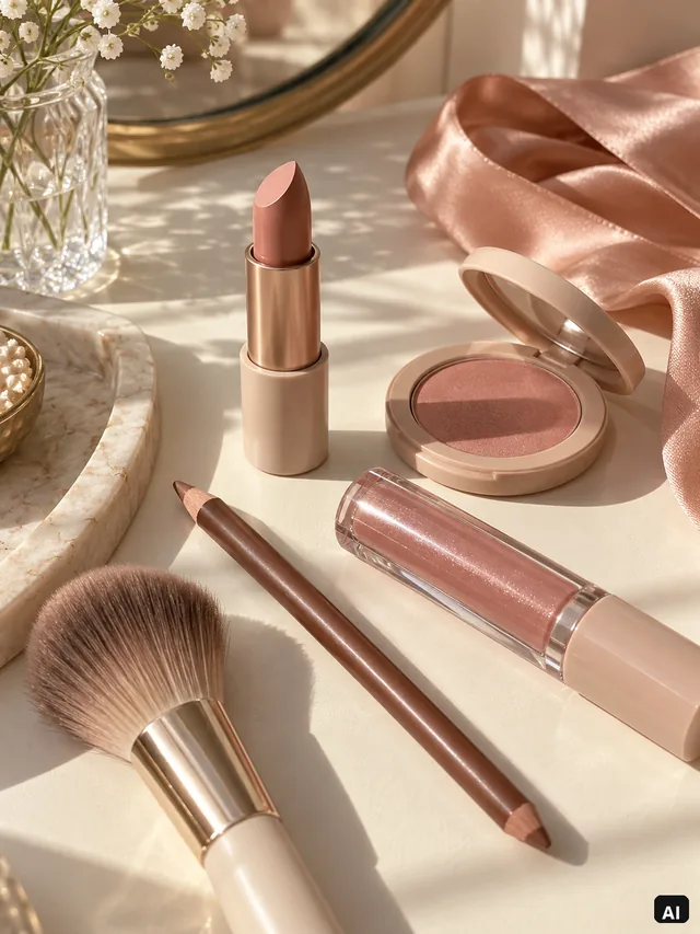 AI editorial flat lay of generic lip and cheek cosmetics