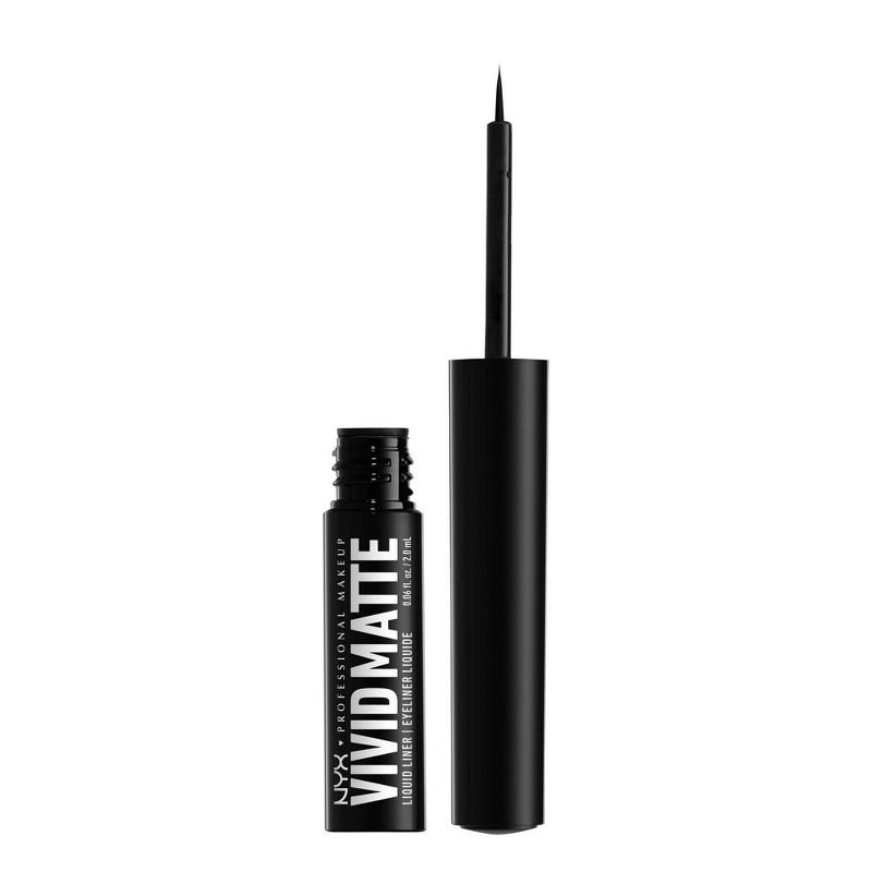 Black liquid eyeliner with a matte finish, featuring a fine brush applicator. The bottle is labeled ’Vivid Matte’ and is shown with the cap off, revealing the applicator.